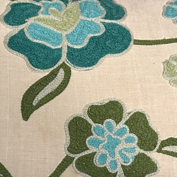 NEW Pier One Lumbar Embroidered floral blue and Green Pillow w/ tan background - Picture 3 of 11